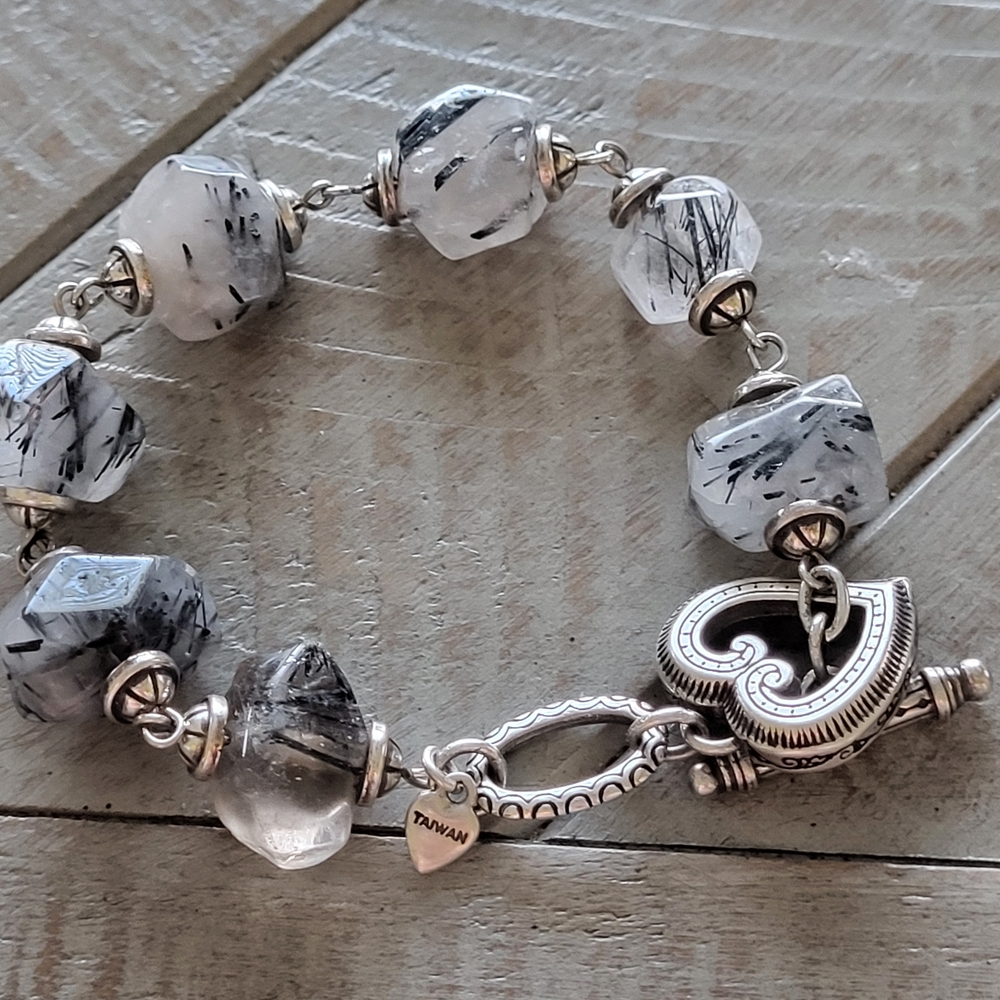 Brighton Rutilated Quartz Marbled‎ Heart White & Silver-Toned Beaded Bracelet